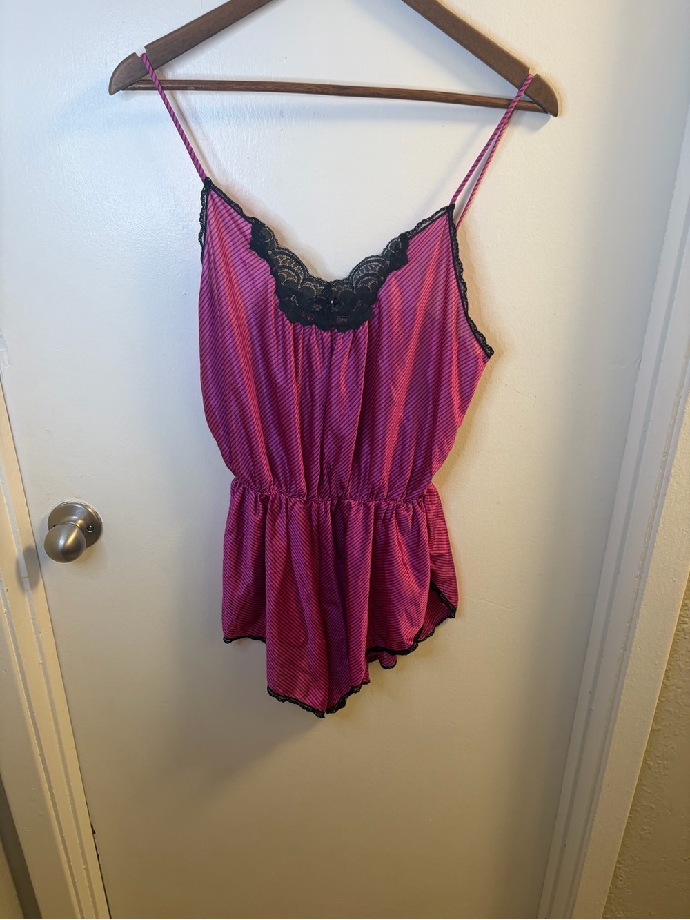 Vintage Sears 80s Pink Striped Lace Teddy Romper M 12/14 USA Made Coquette